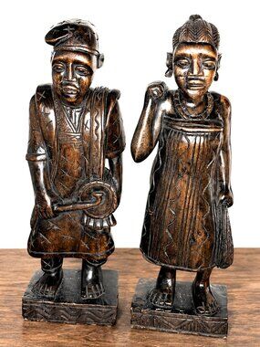 VTG West African Folk Art Hand-Carved Wood Tribal Couple Statues Pair 19.25"Tall